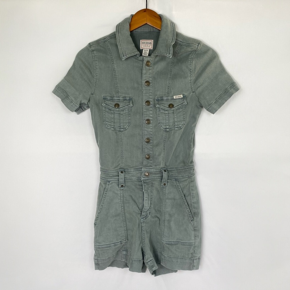 GUESS Lara Denim Short Sleeve Romper Pockets Stretchy Casual Jean Collared